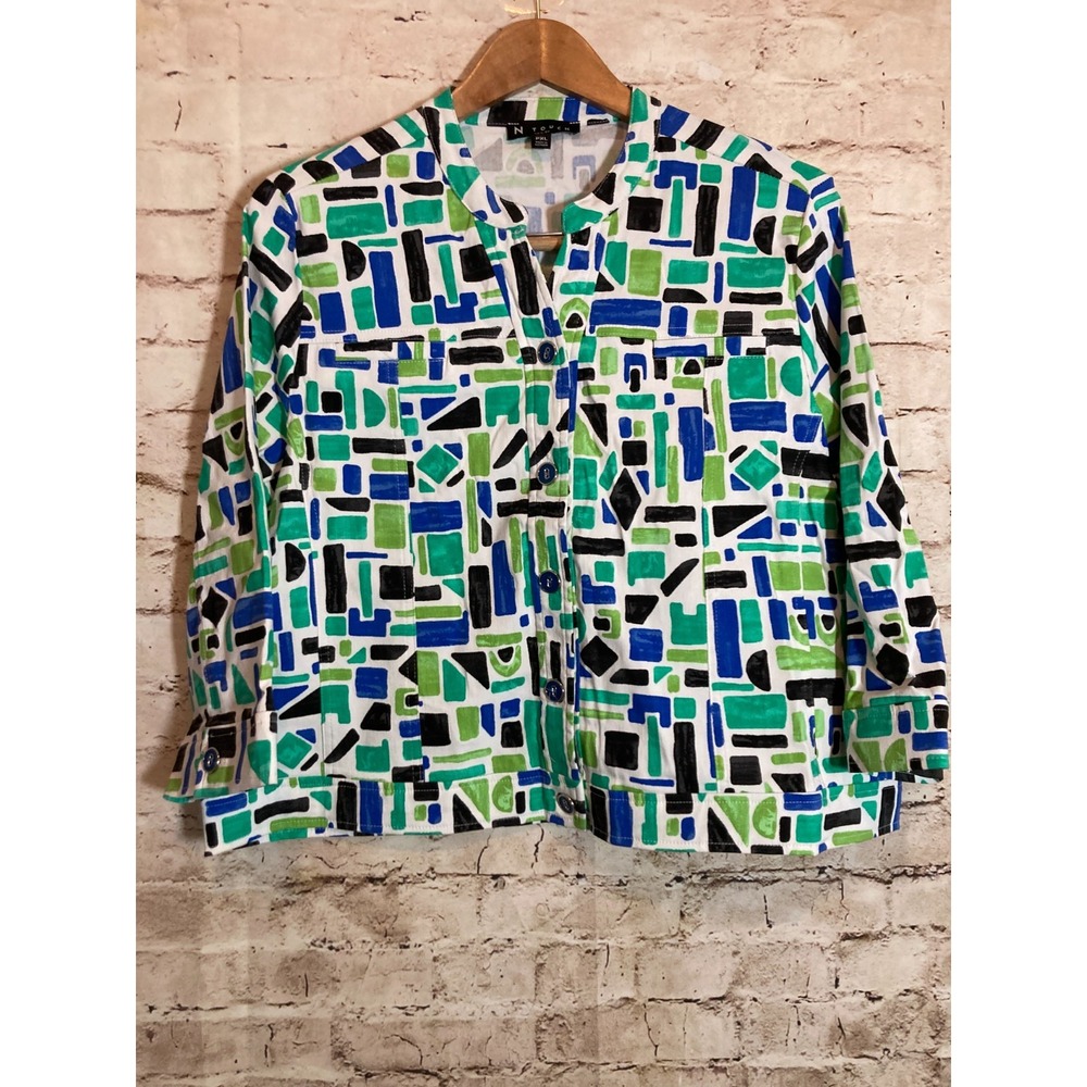 N Touch Artsy Shacket Top‎ Womens Petite XL Turquoise Art To Wear Mosaic Button